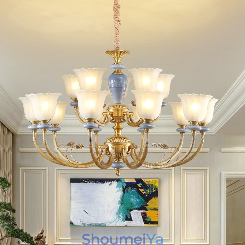 15 ライト レトロ 素朴 高級 真鍮 ペンダント ランプ シャンデリア ガラス シェード付き