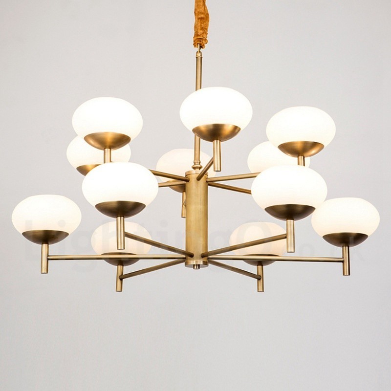 12 ライト レトロ 素朴 高級 真鍮 ペンダント ランプ シャンデリア ガラス シェード付き