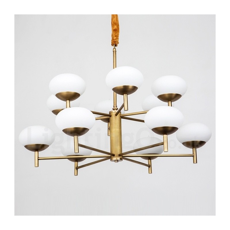 12 ライト レトロ 素朴 高級 真鍮 ペンダント ランプ シャンデリア ガラス シェード付き