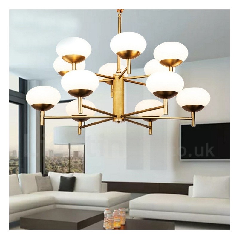 12 ライト レトロ 素朴 高級 真鍮 ペンダント ランプ シャンデリア ガラス シェード付き