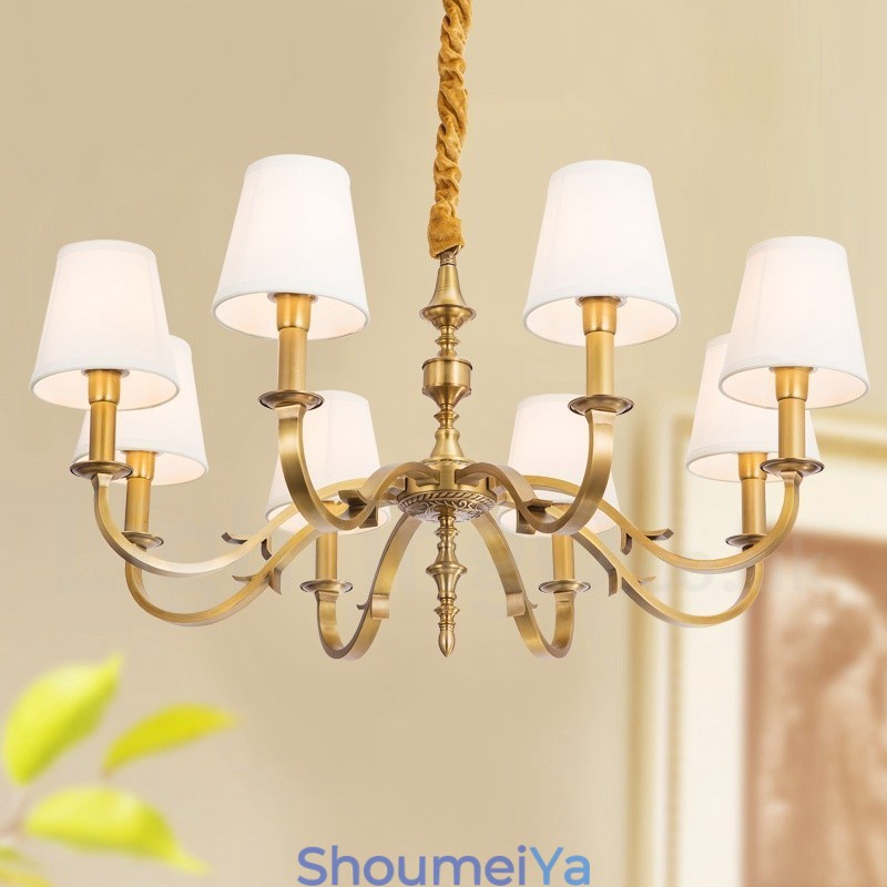 8 ライト レトロ 素朴 高級 真鍮 ペンダント ランプ シャンデリア ファブリック シェード付き