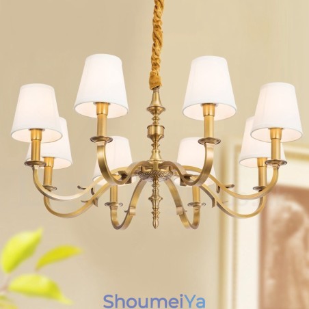 8 ライト レトロ 素朴 高級 真鍮 ペンダント ランプ シャンデリア ファブリック シェード付き