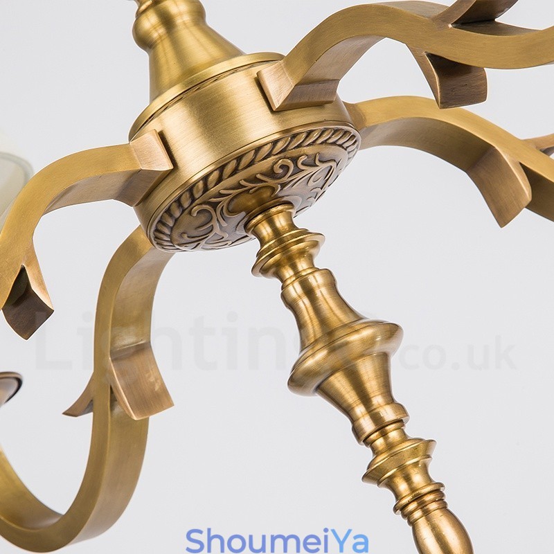 8 ライト レトロ 素朴 高級 真鍮 ペンダント ランプ シャンデリア ファブリック シェード付き