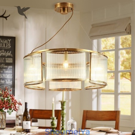 6 ライト レトロ 素朴 高級 真鍮 ペンダント ランプ シャンデリア ガラス シェード付き