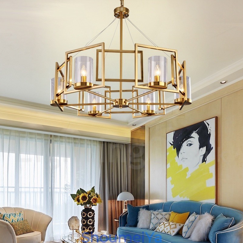 6 ライト レトロ 素朴 高級 真鍮 ペンダント ランプ シャンデリア ガラス シェード付き