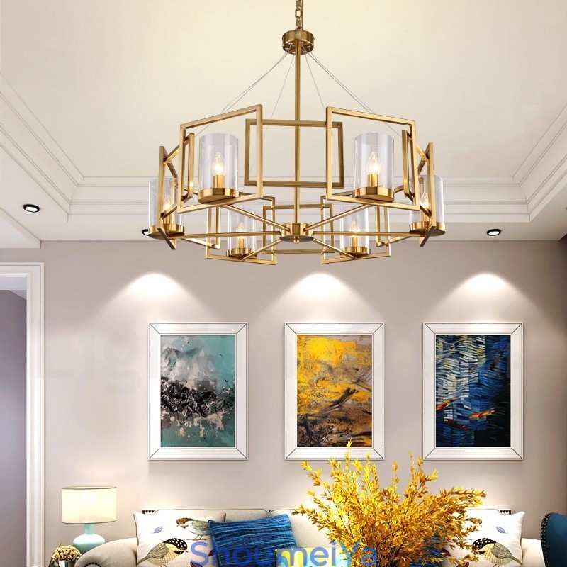 6 ライト レトロ 素朴 高級 真鍮 ペンダント ランプ シャンデリア ガラス シェード付き