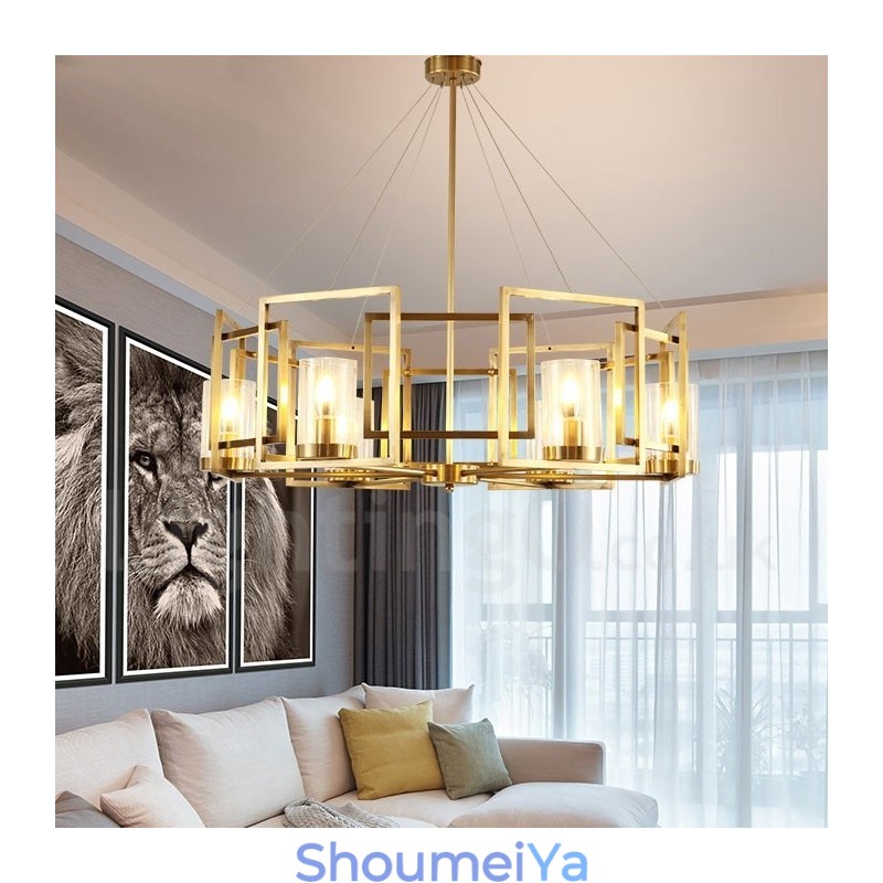 6 ライト レトロ 素朴 高級 真鍮 ペンダント ランプ シャンデリア ガラス シェード付き