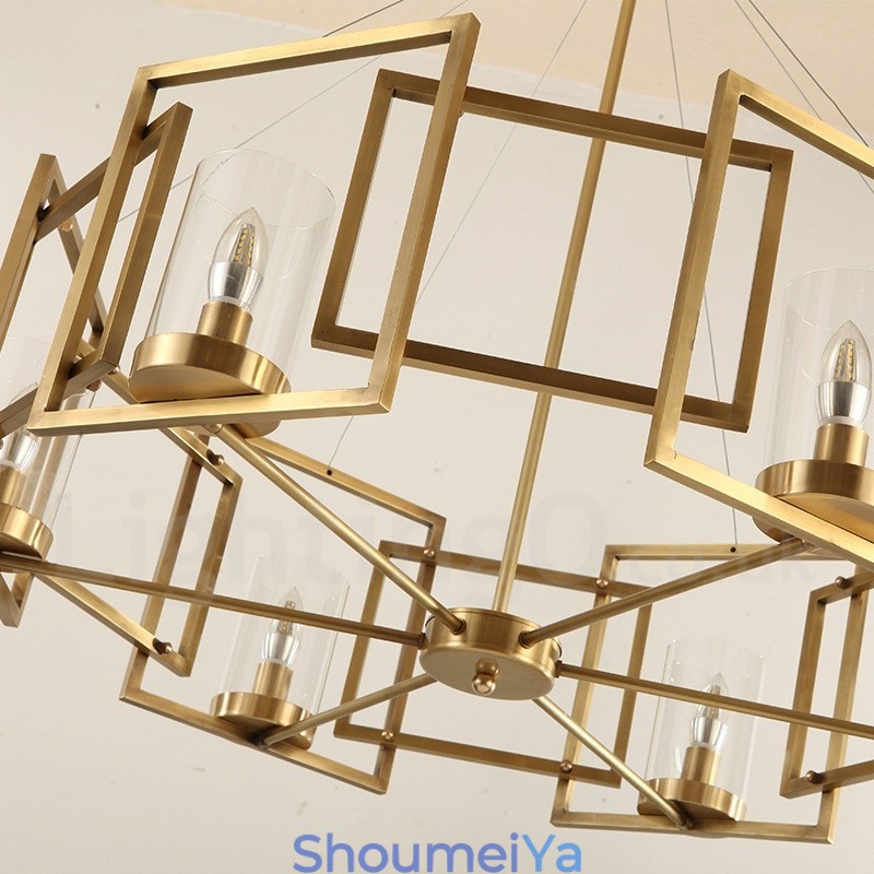 6 ライト レトロ 素朴 高級 真鍮 ペンダント ランプ シャンデリア ガラス シェード付き