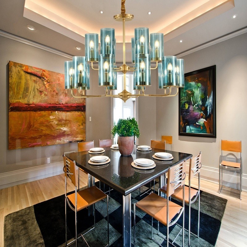 16 ライト レトロ 素朴 高級 真鍮 ペンダント ランプ シャンデリア ガラス シェード付き