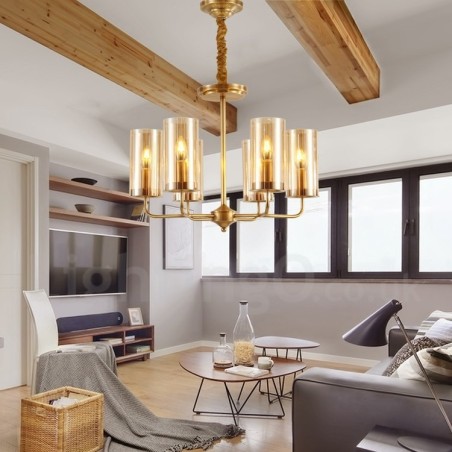 6 ライト レトロ 素朴 高級 真鍮 ペンダント ランプ シャンデリア ガラス シェード付き