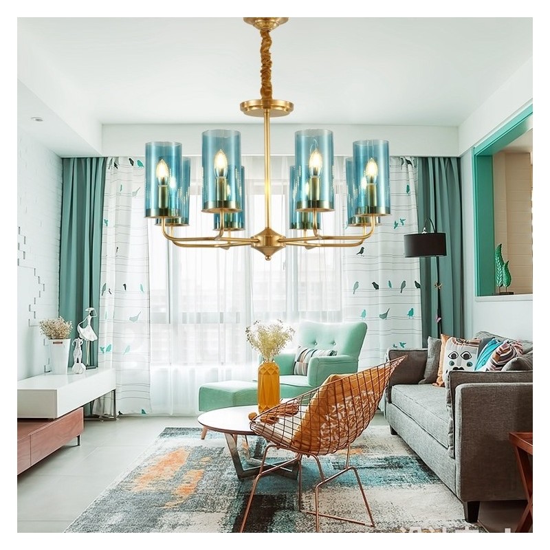 8 ライト レトロ 素朴 高級 真鍮 ペンダント ランプ シャンデリア ガラス シェード付き