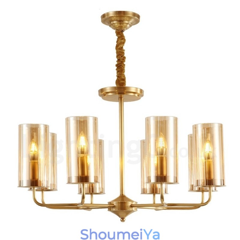 8 ライト レトロ 素朴 高級 真鍮 ペンダント ランプ シャンデリア ガラス シェード付き
