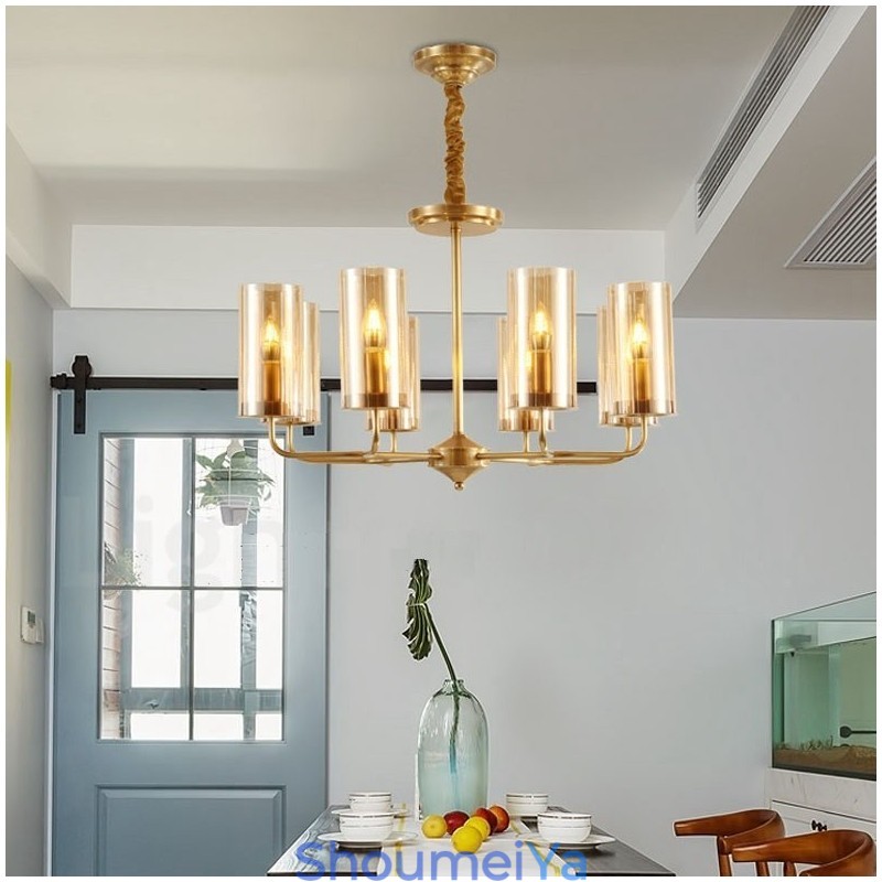 8 ライト レトロ 素朴 高級 真鍮 ペンダント ランプ シャンデリア ガラス シェード付き