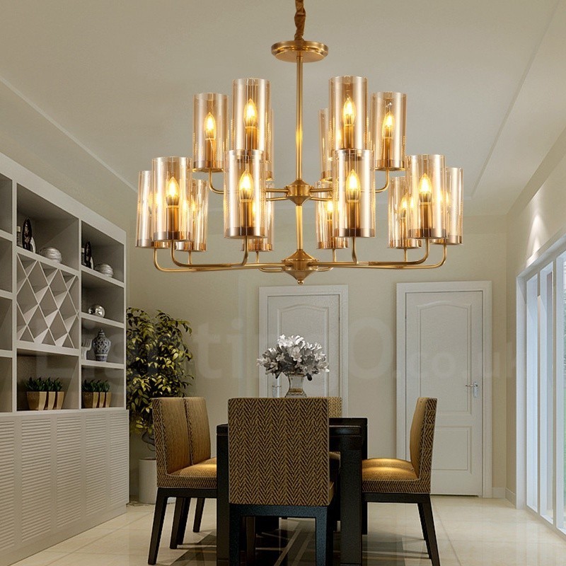 16 ライト レトロ 素朴 高級 真鍮 ペンダント ランプ シャンデリア ガラス シェード付き