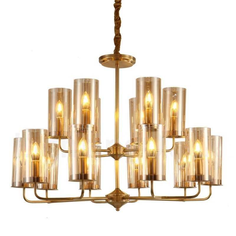 16 ライト レトロ 素朴 高級 真鍮 ペンダント ランプ シャンデリア ガラス シェード付き