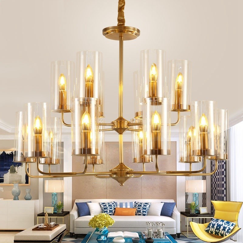 16 ライト レトロ 素朴 高級 真鍮 ペンダント ランプ シャンデリア ガラス シェード付き