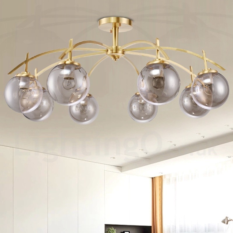 8 ライト レトロ 素朴 高級 真鍮 ペンダント ランプ シャンデリア ガラス シェード付き