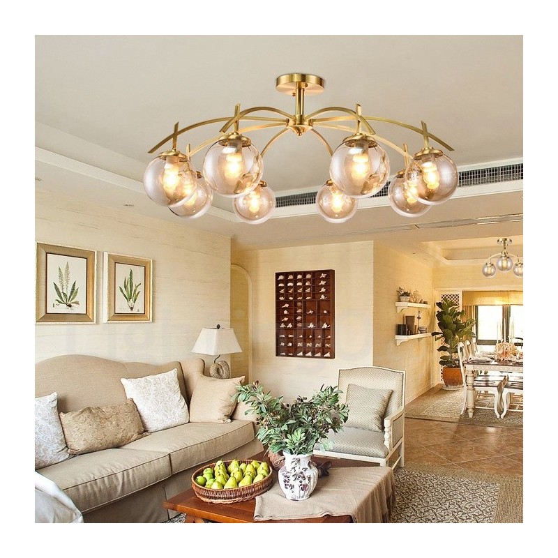 8 ライト レトロ 素朴 高級 真鍮 ペンダント ランプ シャンデリア ガラス シェード付き