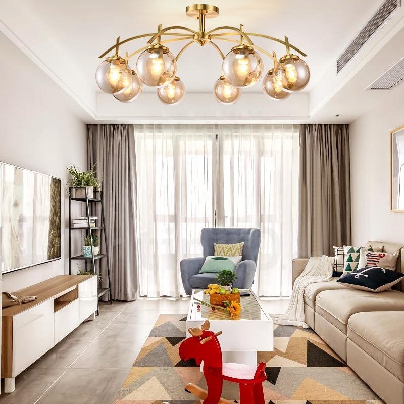 8 ライト レトロ 素朴 高級 真鍮 ペンダント ランプ シャンデリア ガラス シェード付き