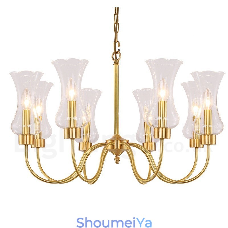 8 ライト レトロ 素朴 高級 真鍮 ペンダント ランプ シャンデリア ガラス シェード付き