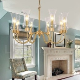 8 ライト レトロ 素朴 高級 真鍮 ペンダント ランプ シャンデリア ガラス シェード付き