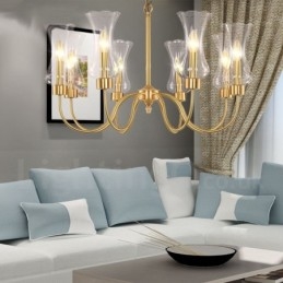 8 ライト レトロ 素朴 高級 真鍮 ペンダント ランプ シャンデリア ガラス シェード付き