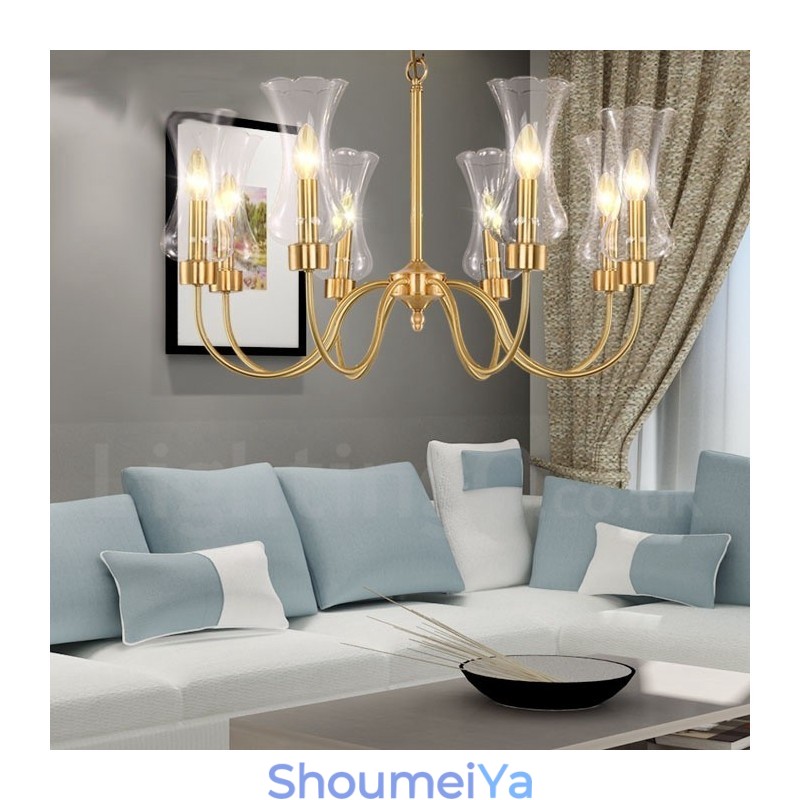 8 ライト レトロ 素朴 高級 真鍮 ペンダント ランプ シャンデリア ガラス シェード付き