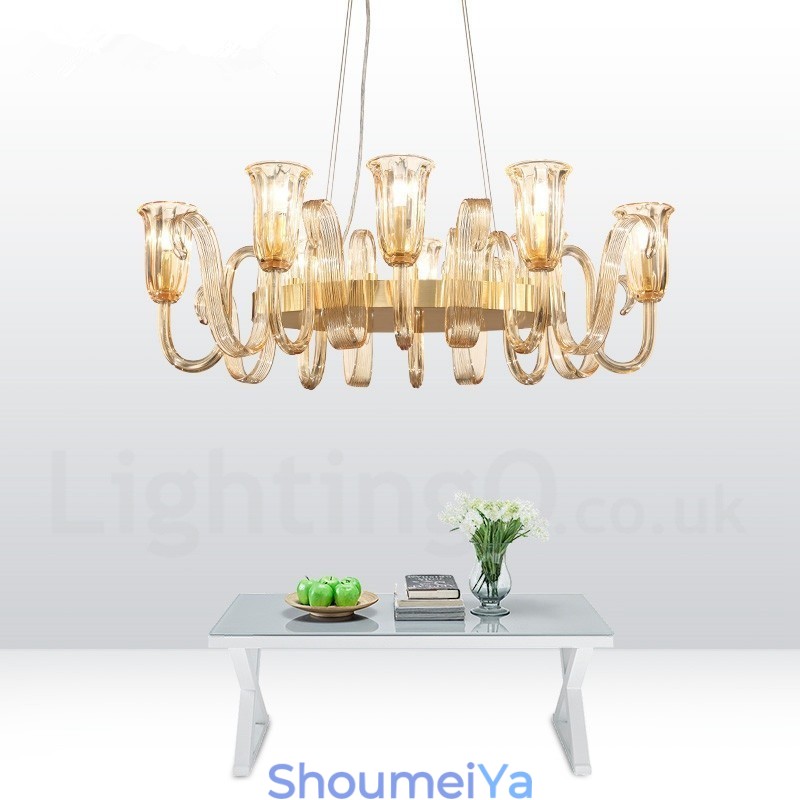 8 ライト レトロ 素朴 高級 アルミ合金 ペンダント ランプ シャンデリア ガラス シェード付き