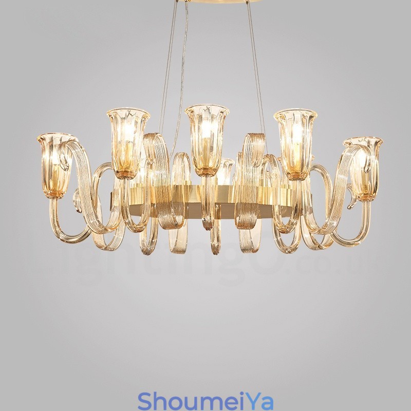 8 ライト レトロ 素朴 高級 アルミ合金 ペンダント ランプ シャンデリア ガラス シェード付き