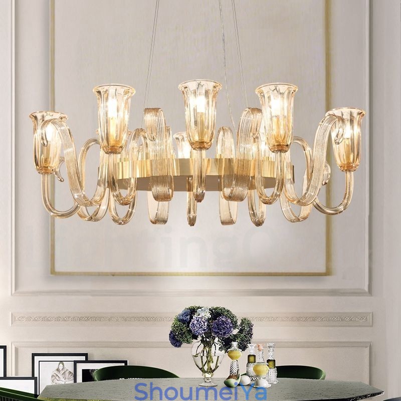 8 ライト レトロ 素朴 高級 アルミ合金 ペンダント ランプ シャンデリア ガラス シェード付き