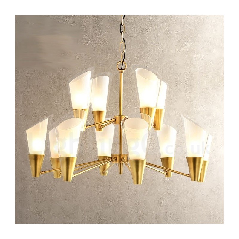 12 ライト レトロ 素朴 高級 真鍮 ペンダント ランプ シャンデリア ガラス シェード付き