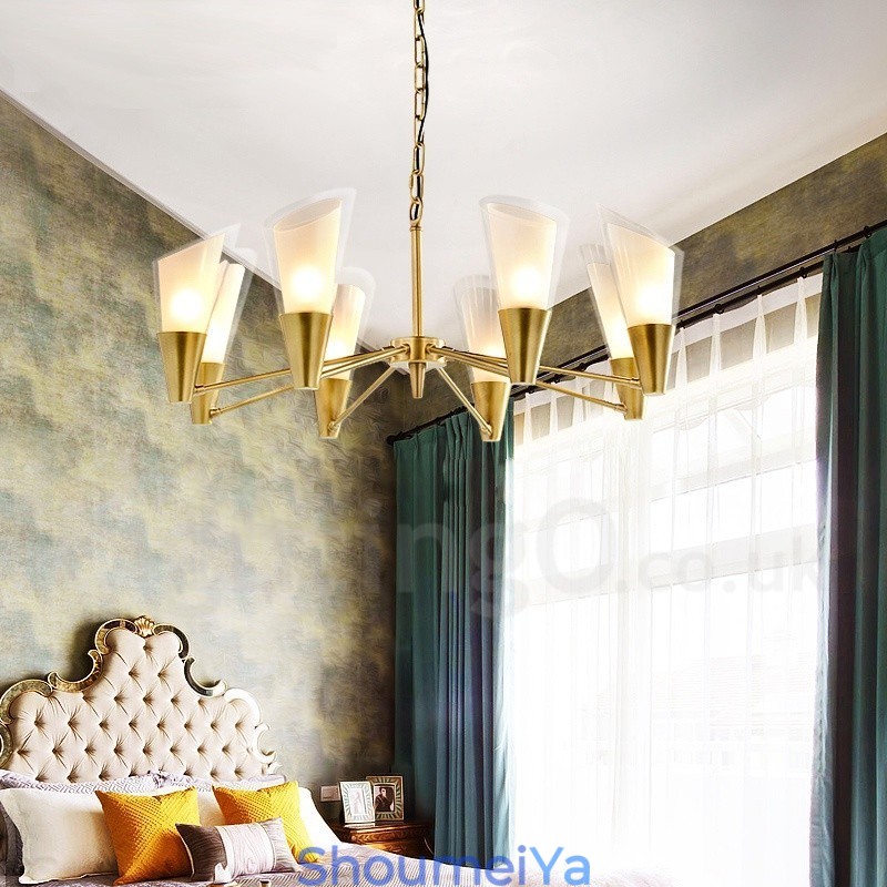 8 ライト レトロ 素朴 高級 真鍮 ペンダント ランプ シャンデリア ガラス シェード付き