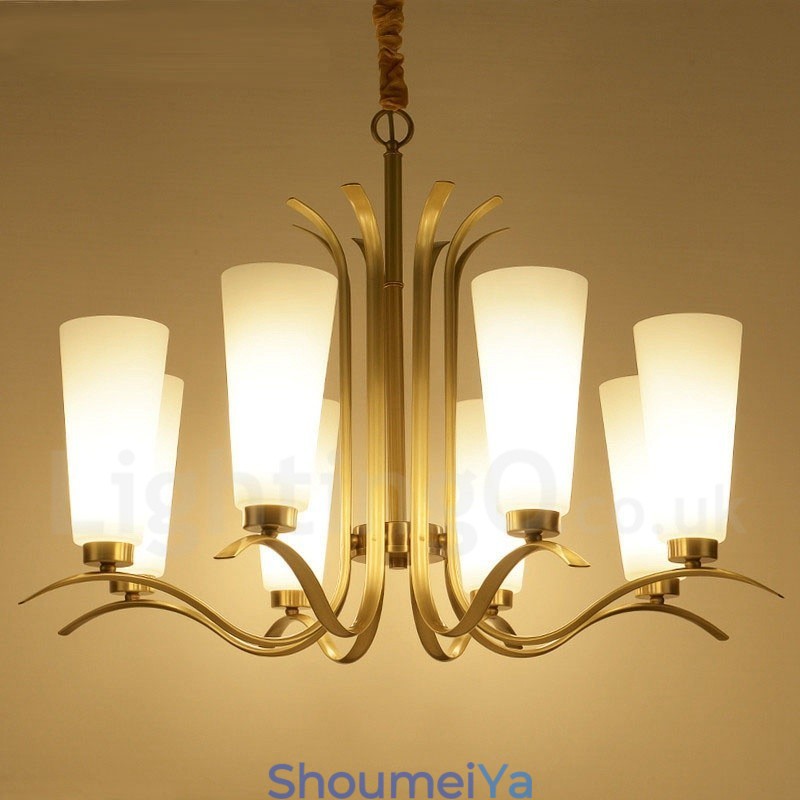 8 ライト レトロ 素朴 高級 真鍮 ペンダント ランプ シャンデリア ガラス シェード付き