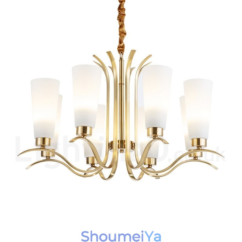 8 ライト レトロ 素朴 高級 真鍮 ペンダント ランプ シャンデリア ガラス シェード付き