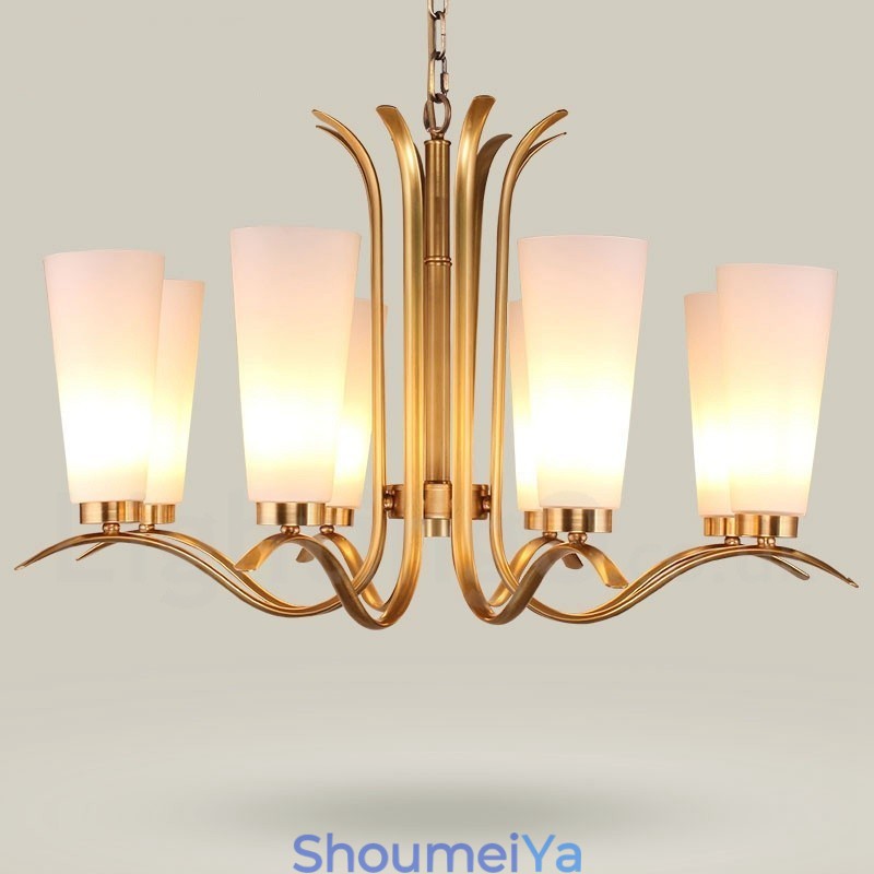 8 ライト レトロ 素朴 高級 真鍮 ペンダント ランプ シャンデリア ガラス シェード付き