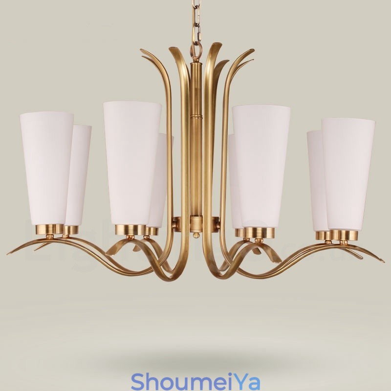 8 ライト レトロ 素朴 高級 真鍮 ペンダント ランプ シャンデリア ガラス シェード付き