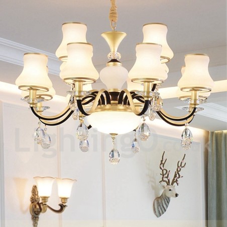 12 ライト レトロ 素朴な高級クリスタル ペンダント ランプ シャンデリア ガラス シェード付き