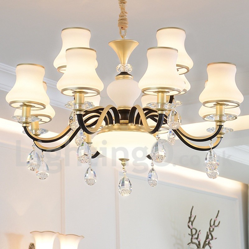 12 ライト レトロ 素朴な高級クリスタル ペンダント ランプ シャンデリア ガラス シェード付き