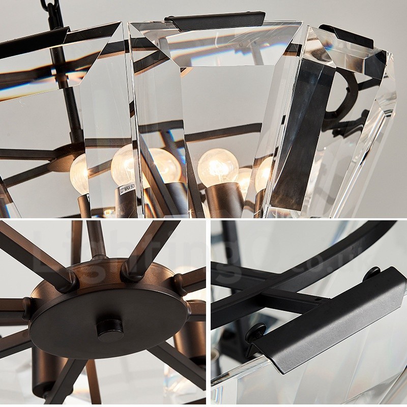 モダンで現代的な 8 灯のスチール製ペンダント ライト、クリスタルガラス シェード付き