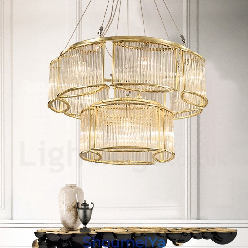 モダンコンテンポラリー 11 ライト スチール ペンダント ライト、クリスタルガラス シェード付き