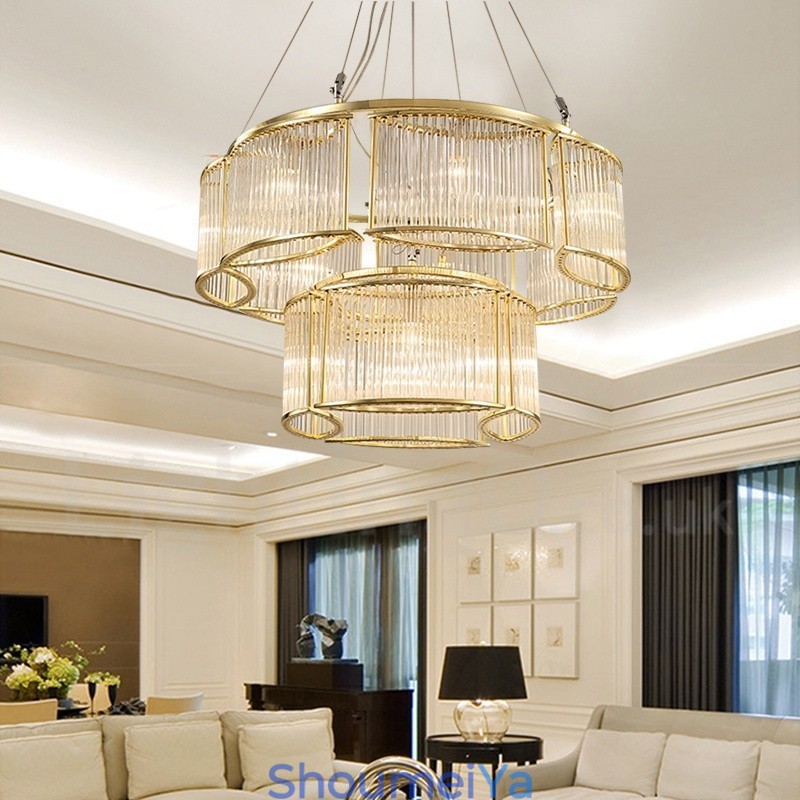 モダンコンテンポラリー 11 ライト スチール ペンダント ライト、クリスタルガラス シェード付き