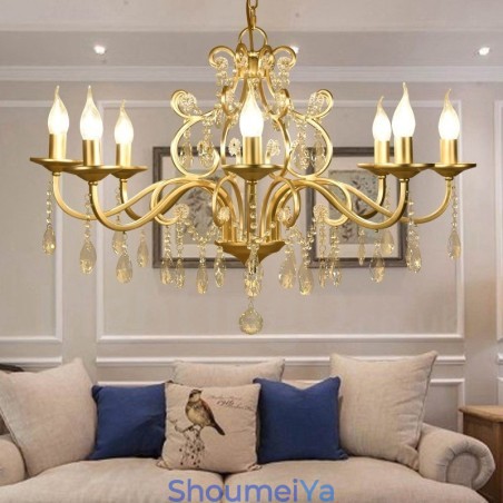 ラスティックロッジ 8 ライト クリスタル スチール シャンデリア ファブリックシェード付き