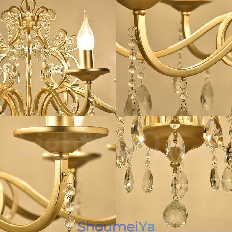 ラスティックロッジ 8 ライト クリスタル スチール シャンデリア ファブリックシェード付き