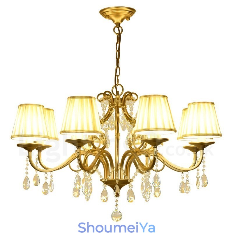 ラスティックロッジ 8 ライト クリスタル スチール シャンデリア ファブリックシェード付き