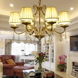 ラスティックロッジ 8 ライト クリスタル スチール シャンデリア ファブリックシェード付き