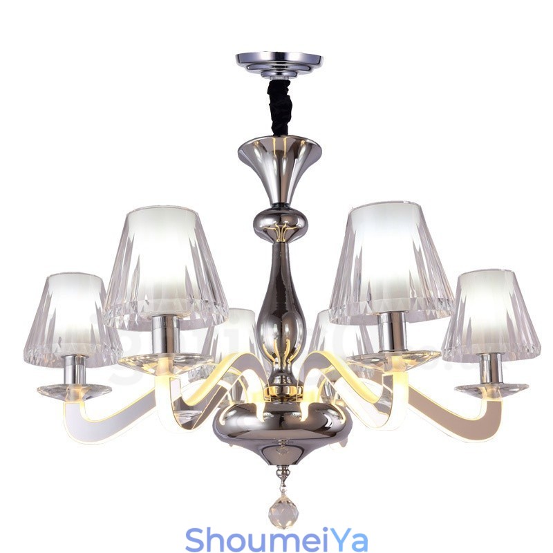 調光可能なモダンコンテンポラリー6ライトスチールシャンデリア、ガラスシェード付き