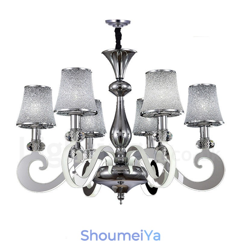 調光可能なモダンコンテンポラリー6ライトスチールシャンデリア、ガラスシェード付き