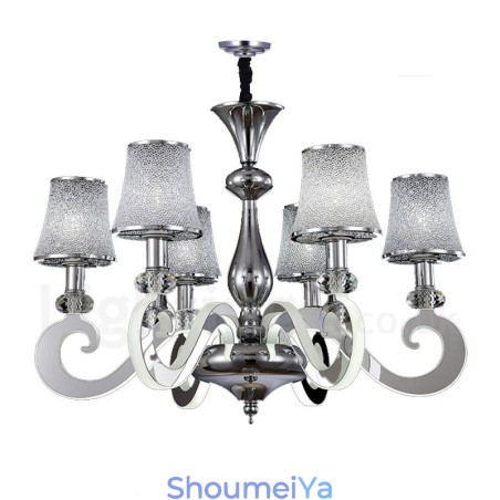 調光可能なモダンコンテンポラリー6ライトスチールシャンデリア、ガラスシェード付き