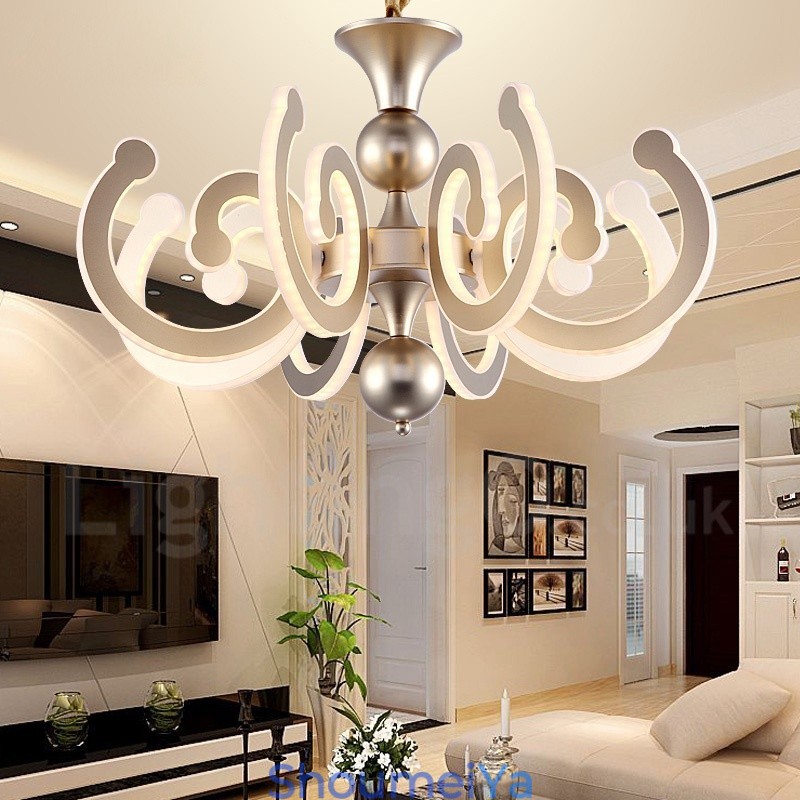 調光可能なモダンコンテンポラリー8ライトスチールシャンデリア、アクリルシェード付き