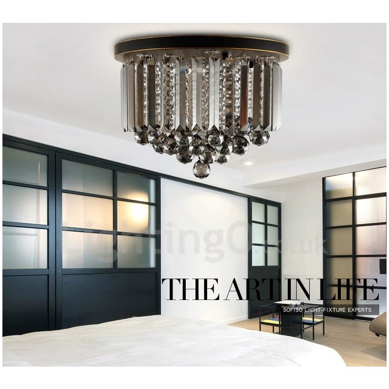 レトロな丸型グレークリスタル天井ライト